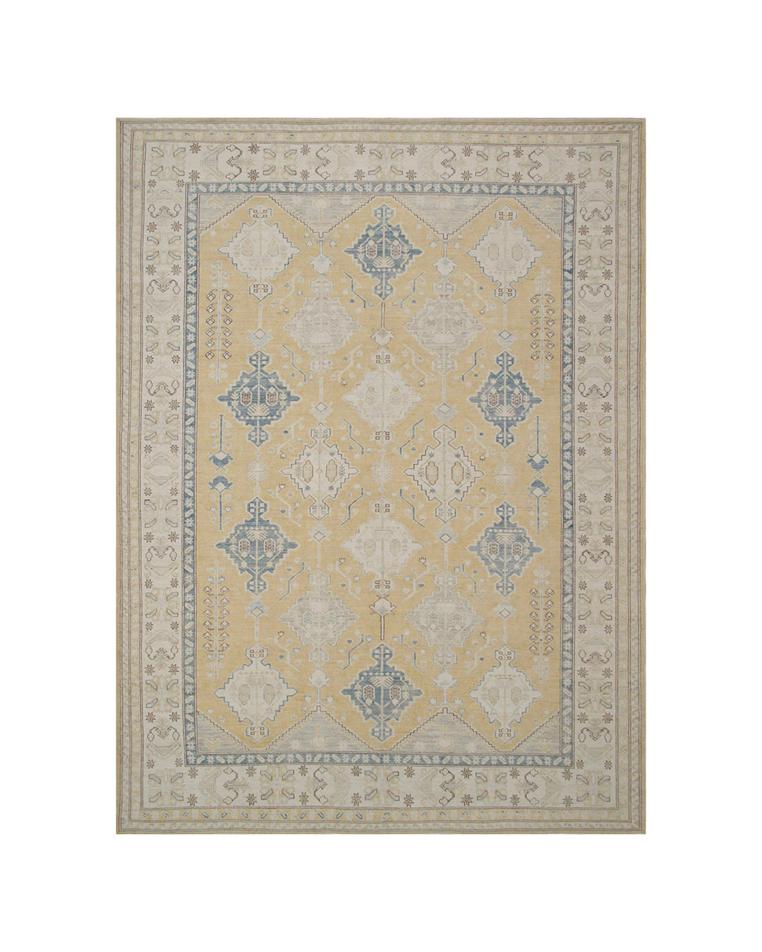 9’x12’ Afghan Rug |Geometric Caucasian Rug | Blue, Soft Yellow & Ivory