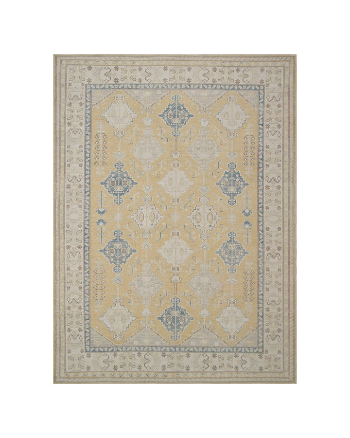 9’x12’ Afghan Rug |Geometric Caucasian Rug | Blue, Soft Yellow & Ivory