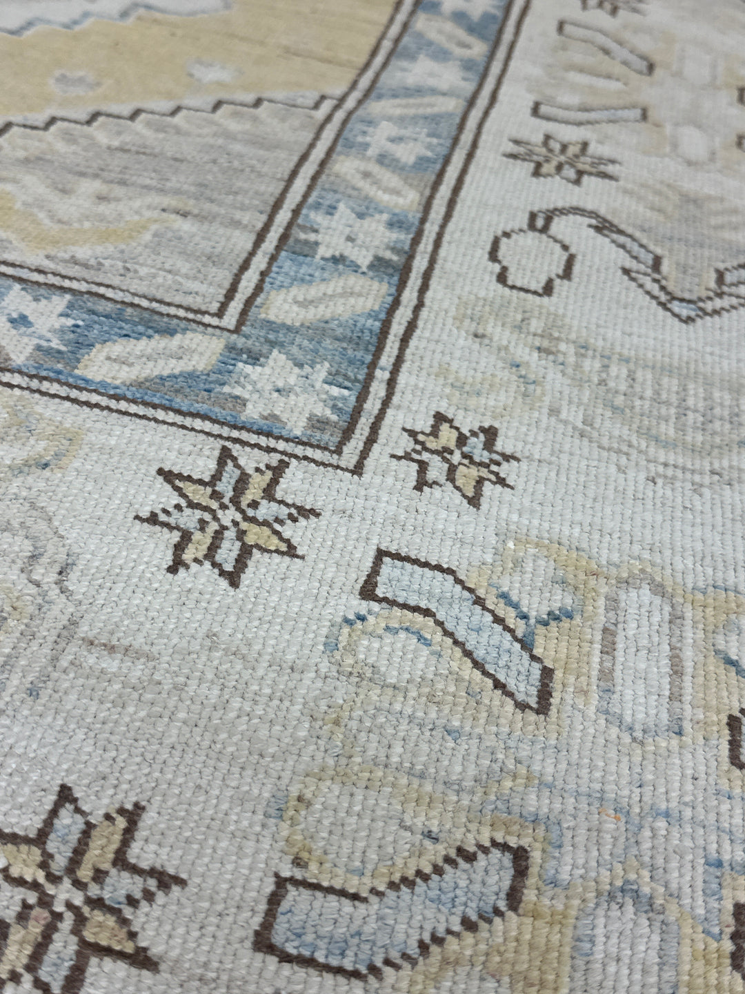 9’x12’ Afghan Rug |Geometric Caucasian Rug | Blue, Soft Yellow & Ivory