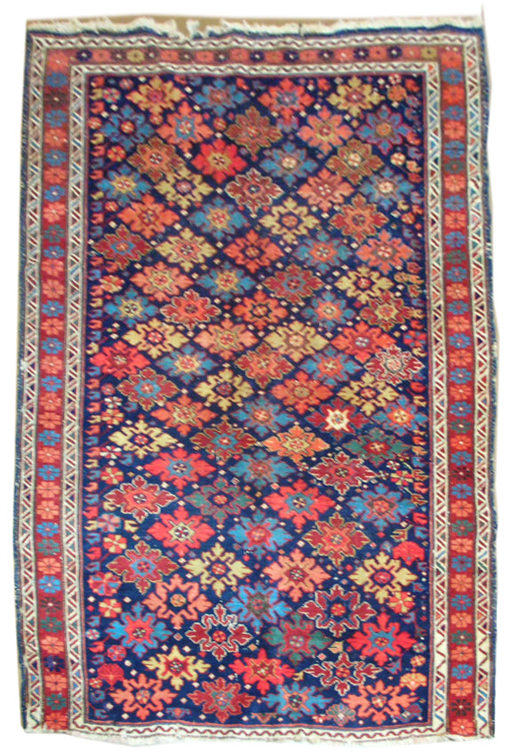 Vintage Caucasian Kuba Rug (4x5) – Blue Field Tribal Medallions