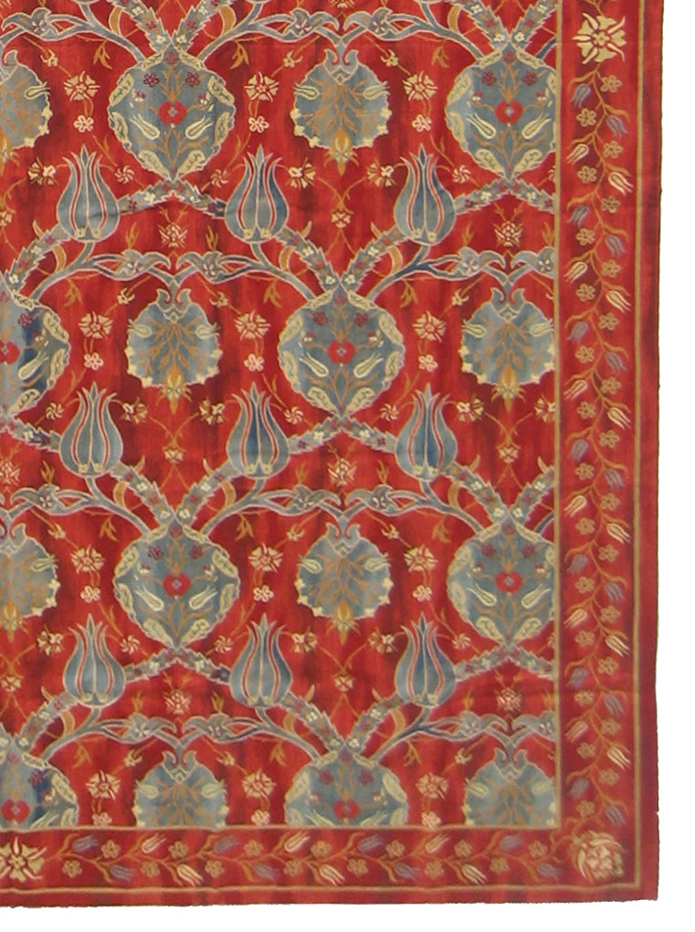 Red Aubusson Ottoman Floral Rug - 5'7"x9'7" Handwoven Wool Textile
