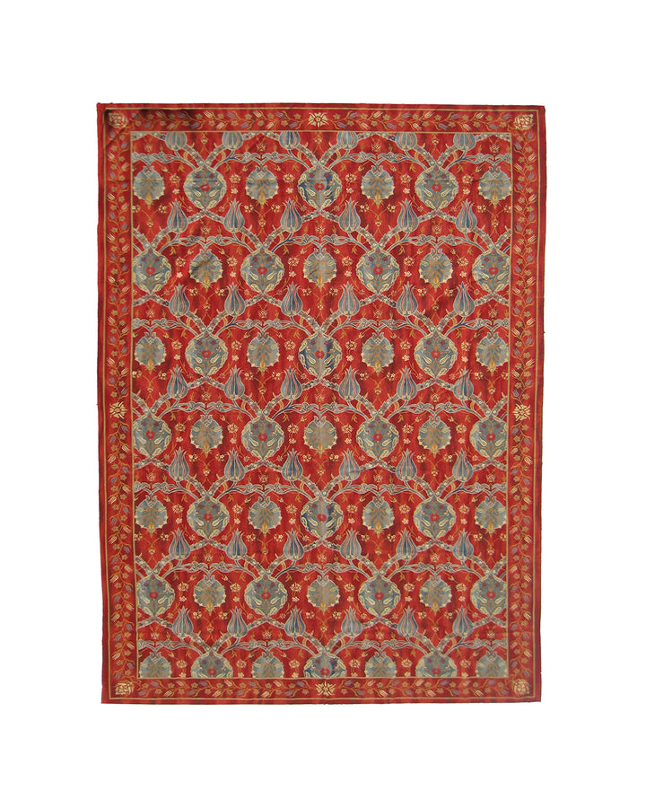 Red Aubusson Ottoman Floral Rug - 5'7"x9'7" Handwoven Wool Textile