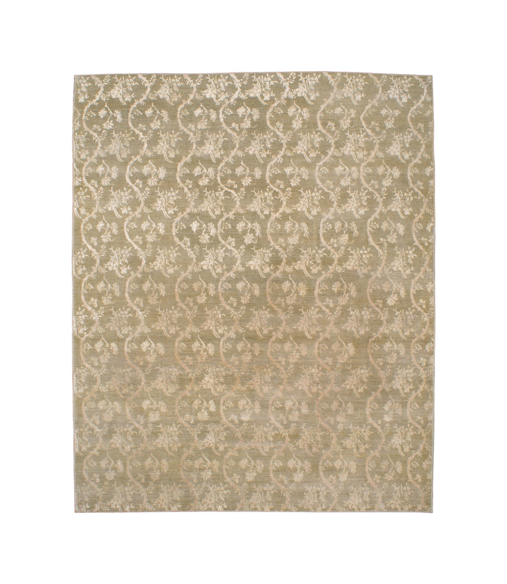 9'x11' Afghan Silk & Wool Chinoiserie Rug – Hand-Knotted | Green & Gold Floral