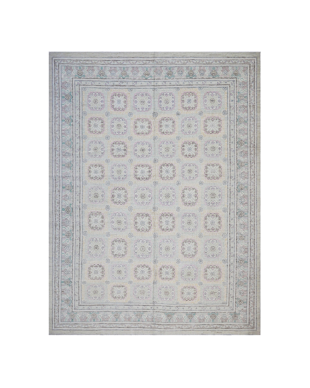 11'3" x 8'8" Hand-knotted Khotan design Ariana Samarkand rug with blue, pink, purple, green, and beige geometric patterns.