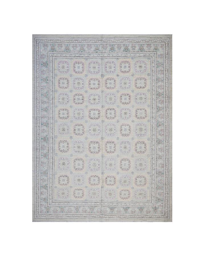 11'3" x 8'8" Hand-knotted Khotan design Ariana Samarkand rug with blue, pink, purple, green, and beige geometric patterns.