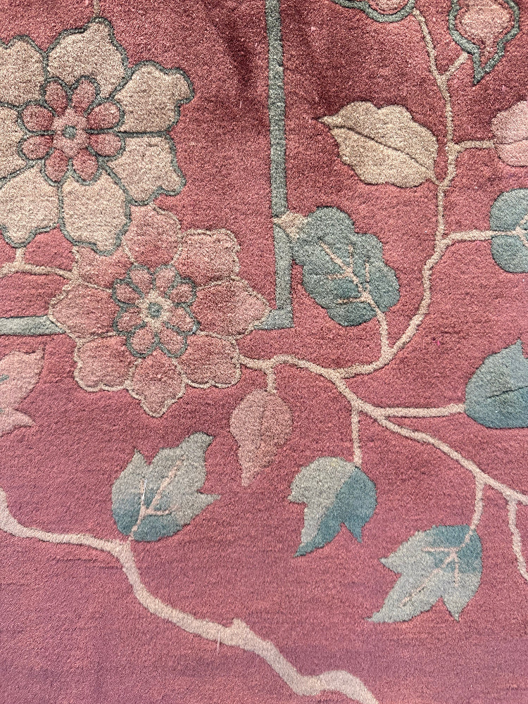 9'x11' Vintage Antique Chinese Art Deco Rug | Salmon Pictorial Large Size Rug
