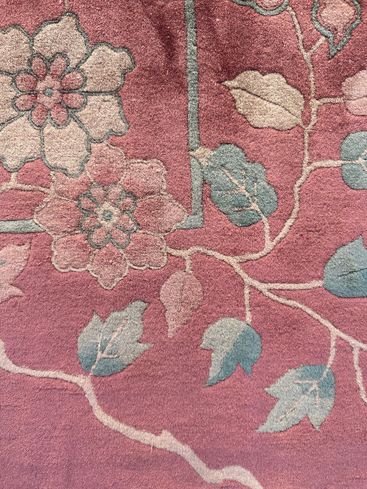 9'x11' Vintage Antique Chinese Art Deco Rug | Salmon Pictorial Large Size Rug