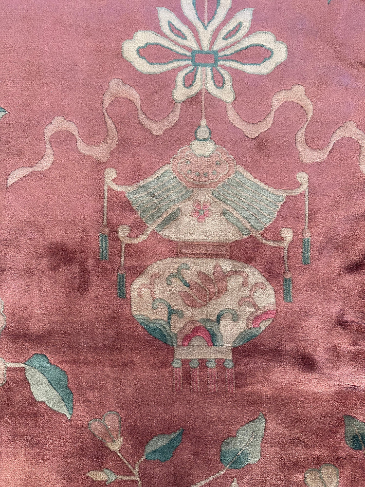9'x11' Vintage Antique Chinese Art Deco Rug | Salmon Pictorial Large Size Rug