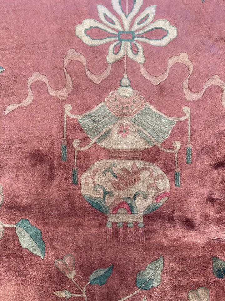 9'x11' Vintage Antique Chinese Art Deco Rug | Salmon Pictorial Large Size Rug