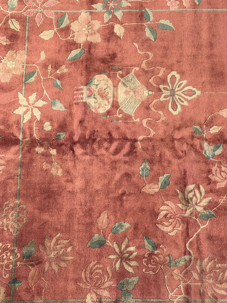 9'x11' Vintage Antique Chinese Art Deco Rug | Salmon Pictorial Large Size Rug