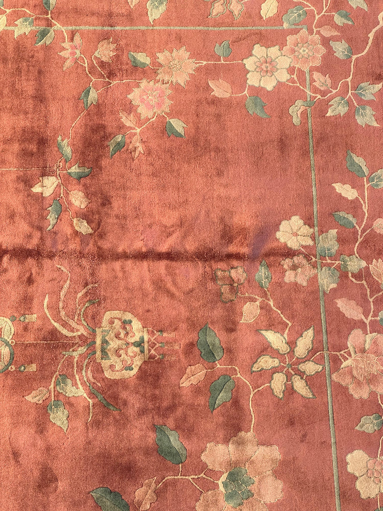 9'x11' Vintage Antique Chinese Art Deco Rug | Salmon Pictorial Large Size Rug