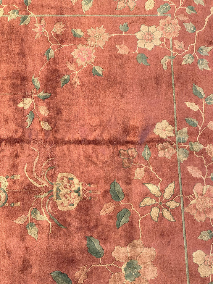 9'x11' Vintage Antique Chinese Art Deco Rug | Salmon Pictorial Large Size Rug