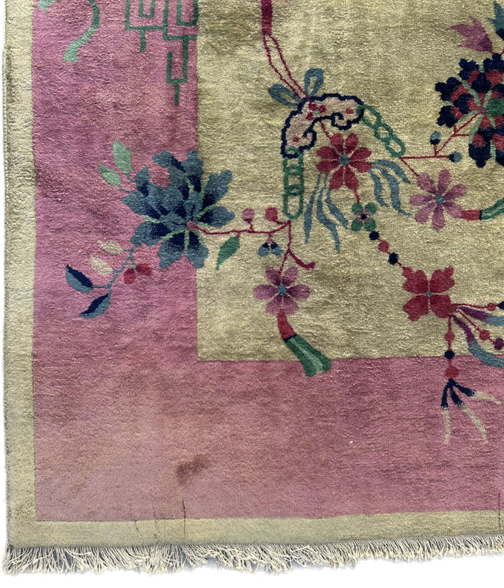9'x11' Vintage Chinese Art Deco Large Size | Pink & Green Floral Wool Rug