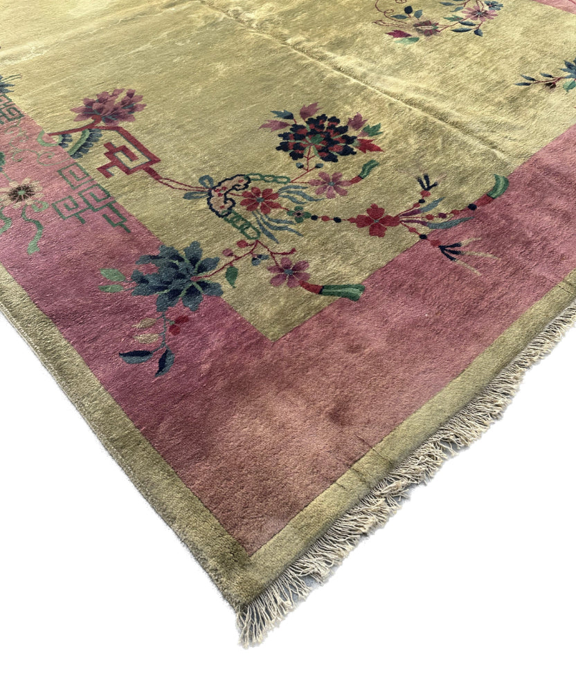 9'x11' Vintage Chinese Art Deco Large Size | Pink & Green Floral Wool Rug