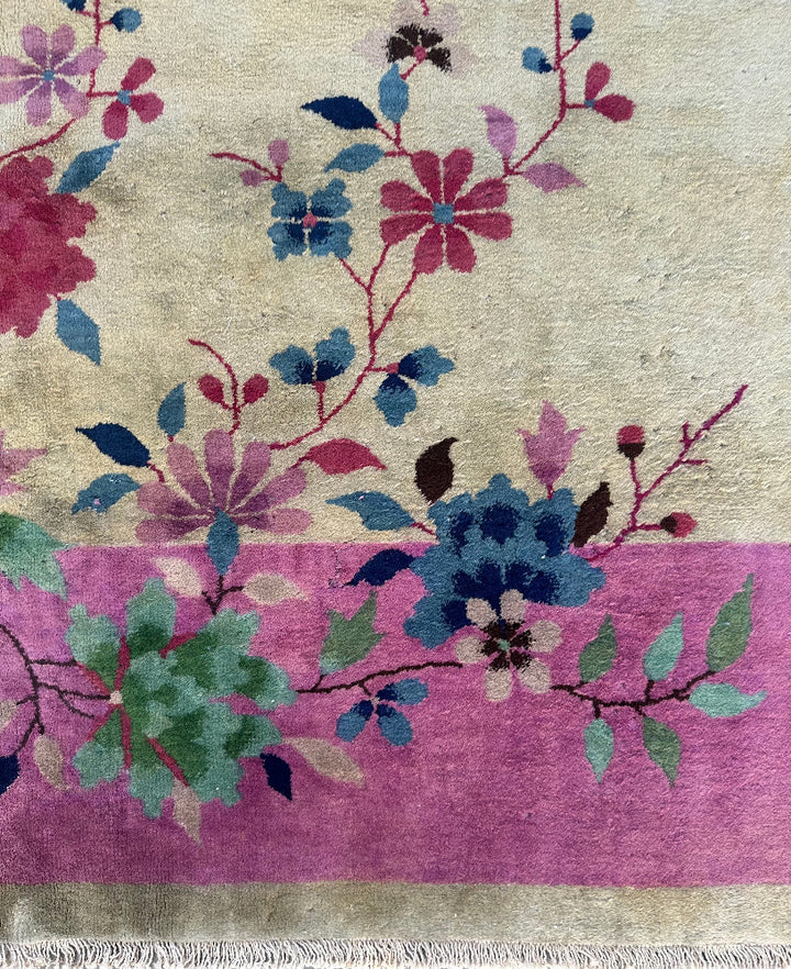 9'x11' Vintage Chinese Art Deco Large Size | Pink & Green Floral Wool Rug