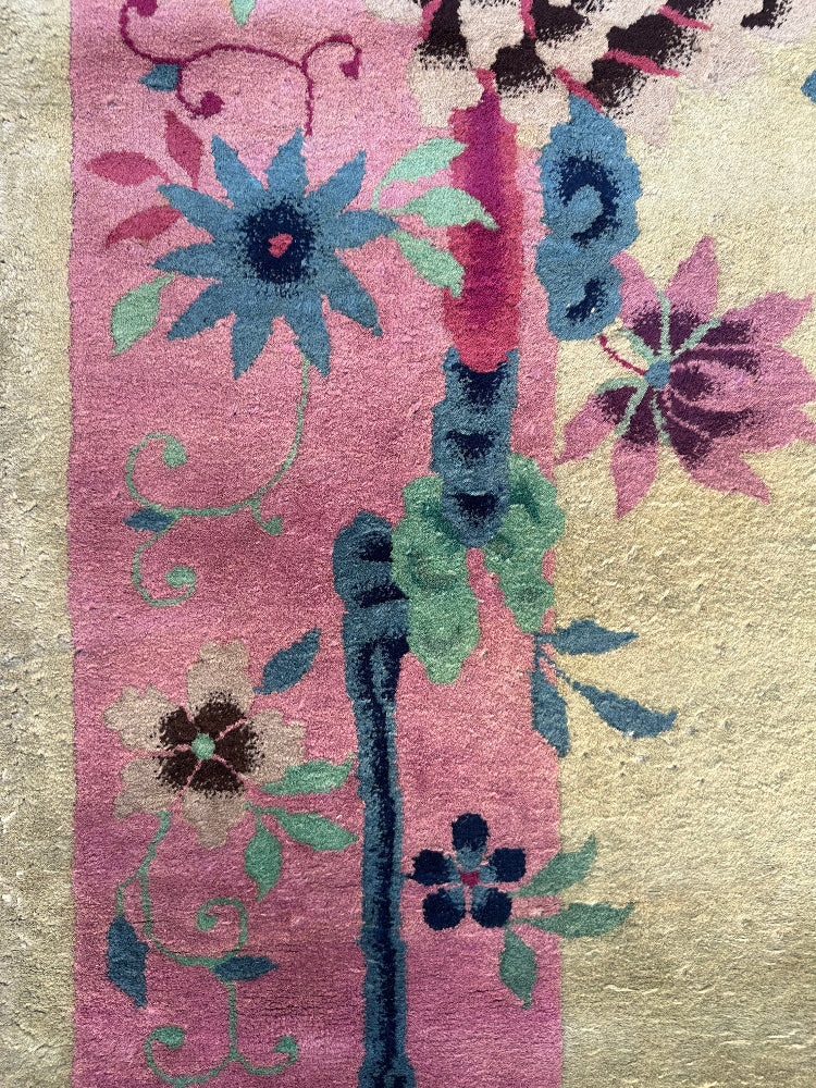 9'x11' Vintage Chinese Art Deco Large Size | Pink & Green Floral Wool Rug