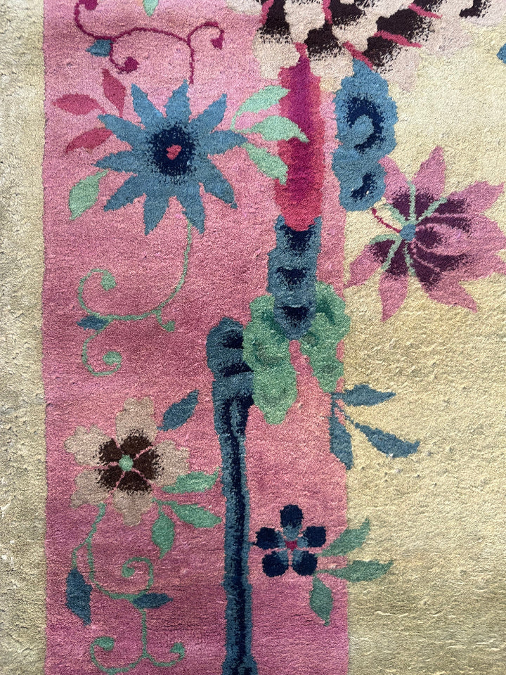 9'x11' Vintage Chinese Art Deco Large Size | Pink & Green Floral Wool Rug