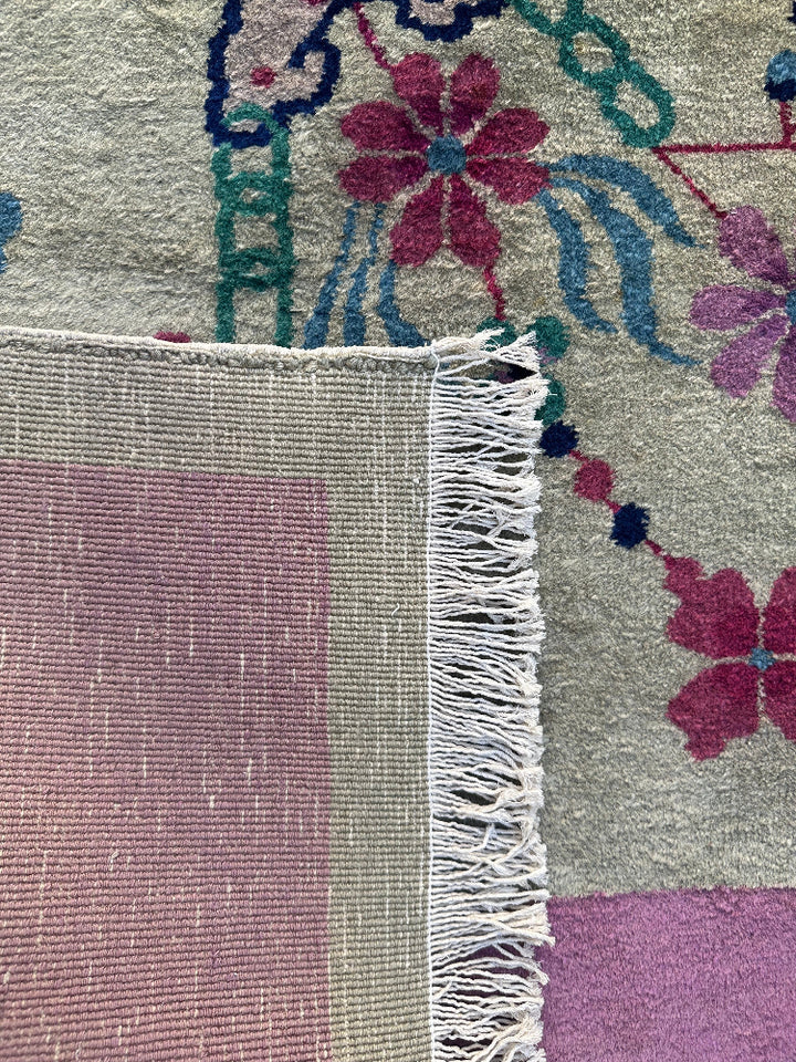 9'x11' Vintage Chinese Art Deco Large Size | Pink & Green Floral Wool Rug