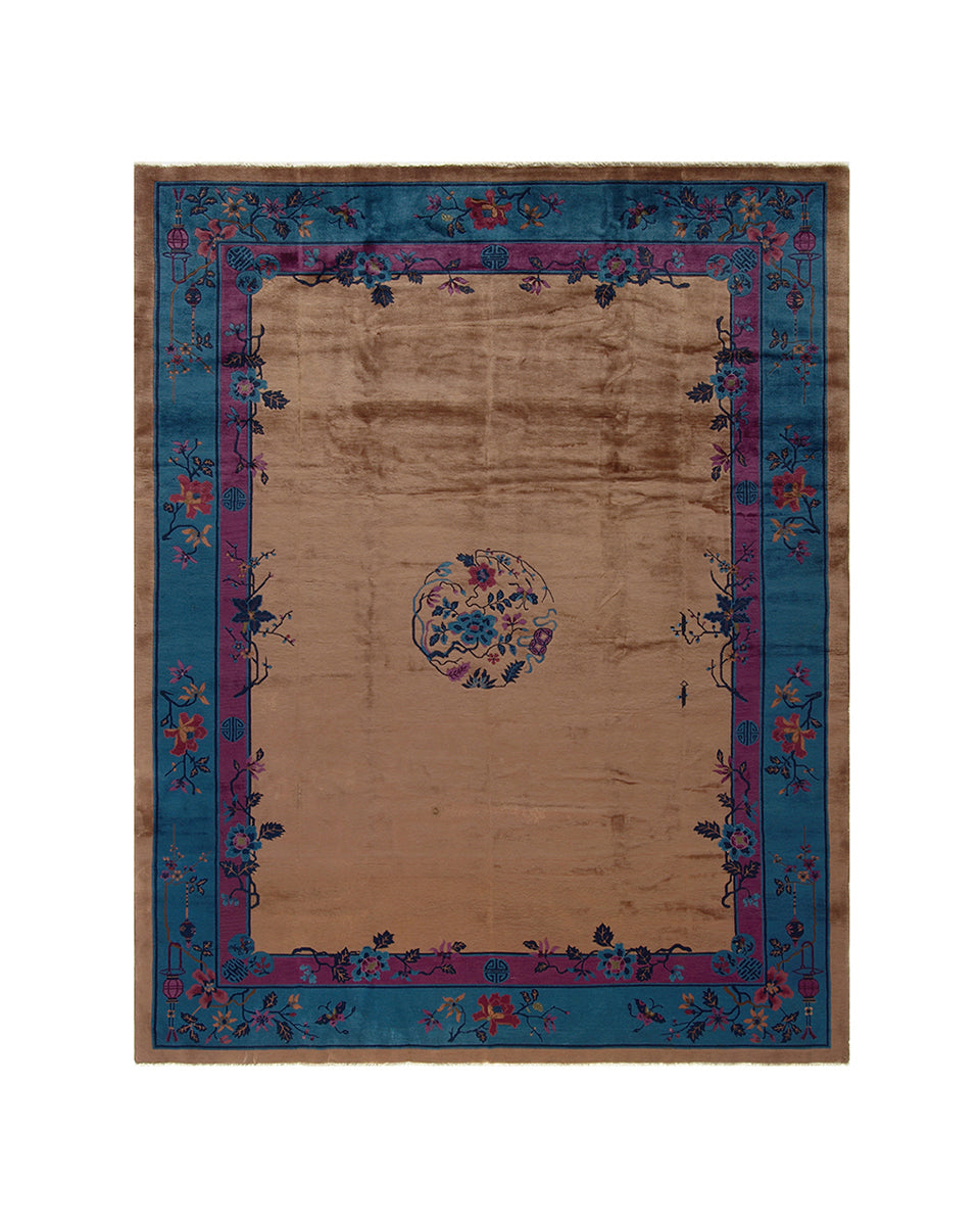 Decorative rug with floral border on a plain background