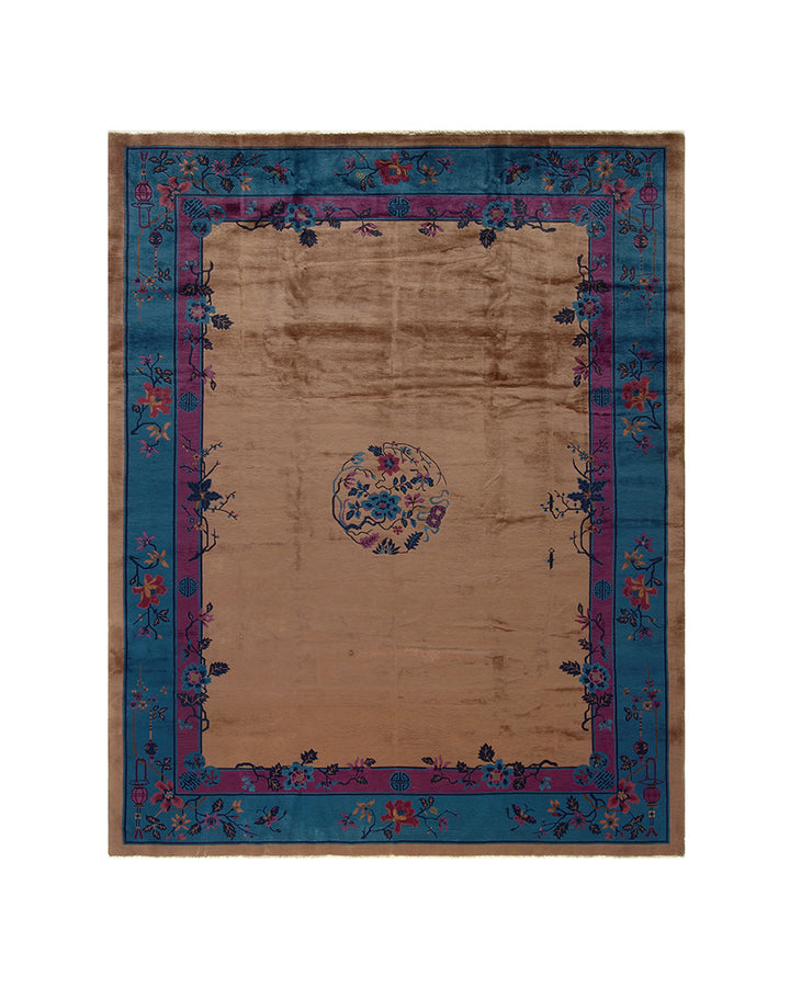 Decorative rug with floral border on a plain background