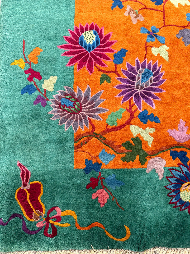 9'x11' Vintage Chinese Art Deco Rug | Gold | Green Rug