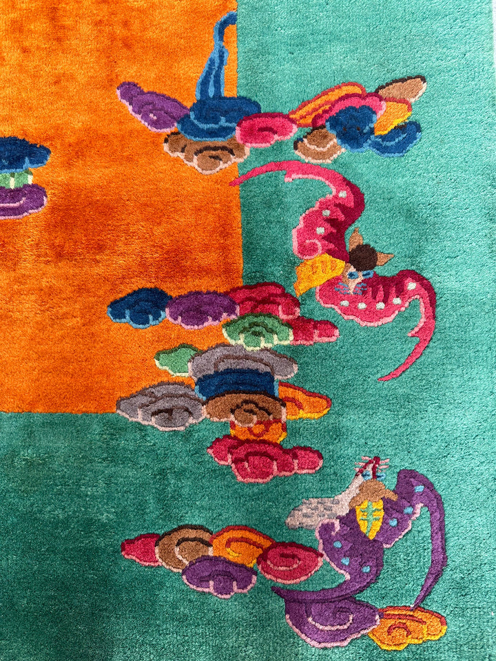 9'x11' Vintage Chinese Art Deco Rug | Gold | Green Rug