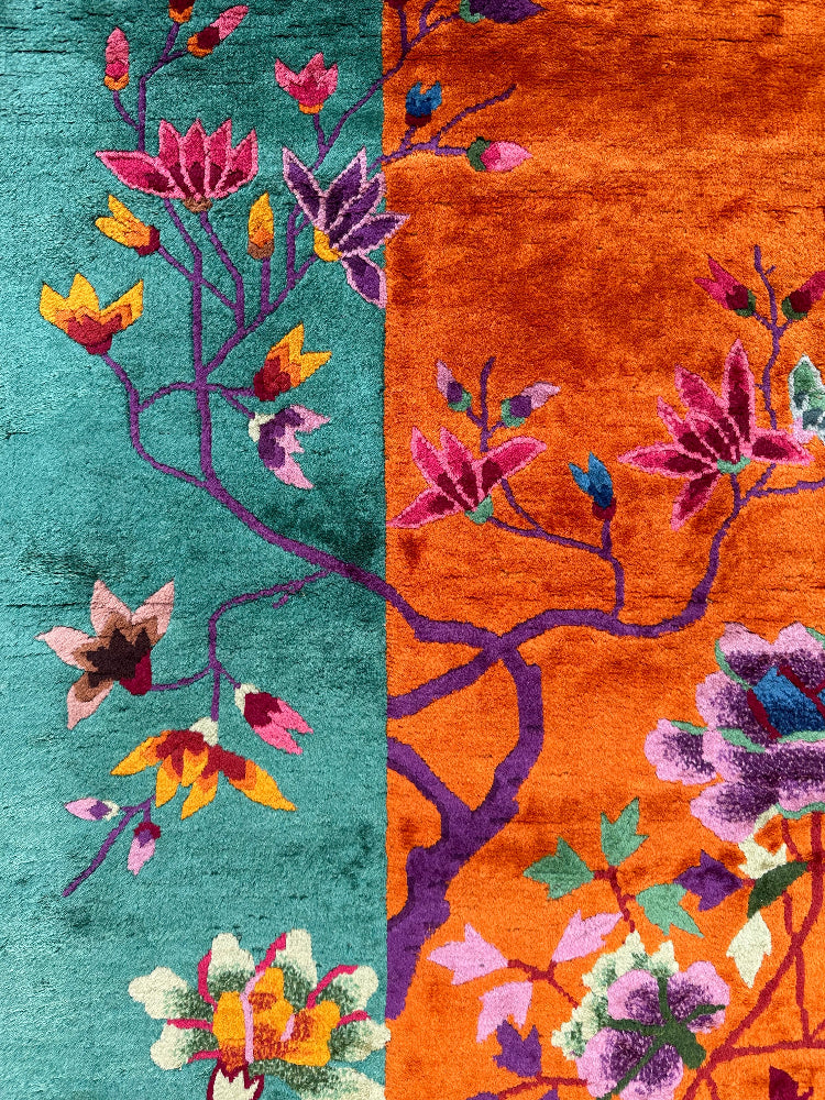 9'x11' Vintage Chinese Art Deco Rug | Gold | Green Rug