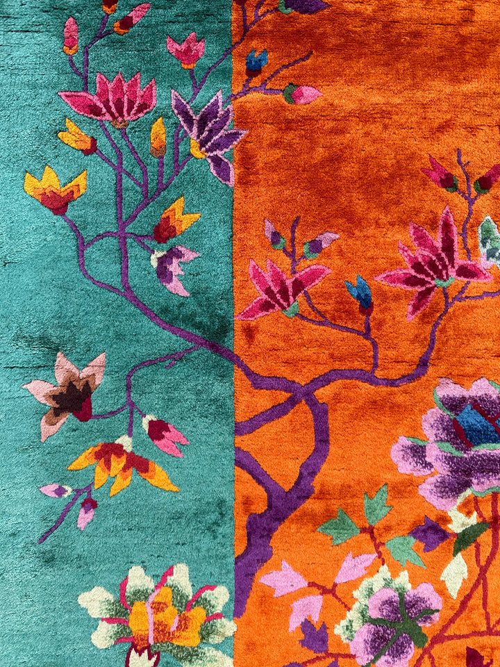 9'x11' Vintage Chinese Art Deco Rug | Gold | Green Rug