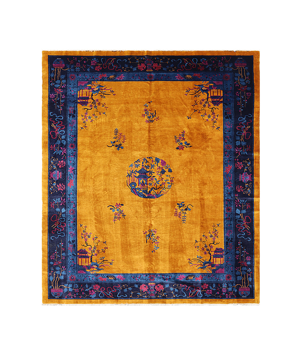 9x11 vintage Chinese Art Deco hand knotted wool rug in golden yellow and blue floral motif by Ariana Rugs