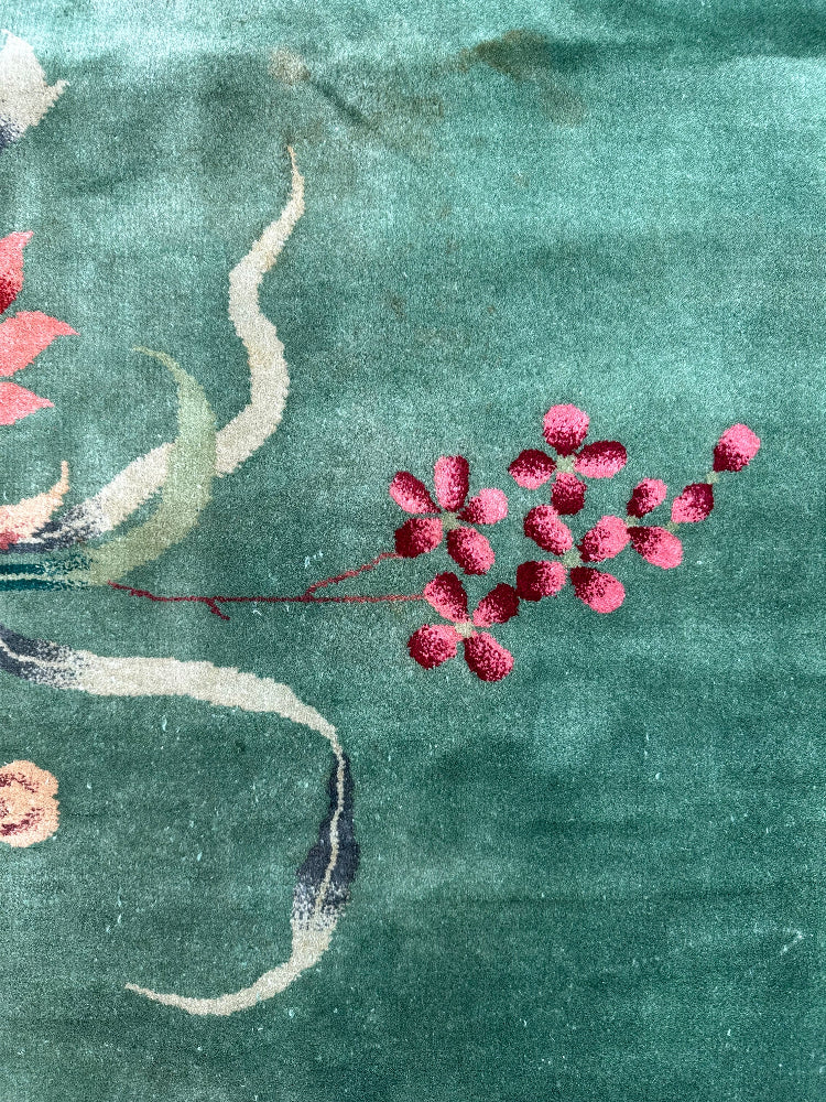 9'x11' Vintage Chinese Art Deco Rug | Green Floral Large Size Rug