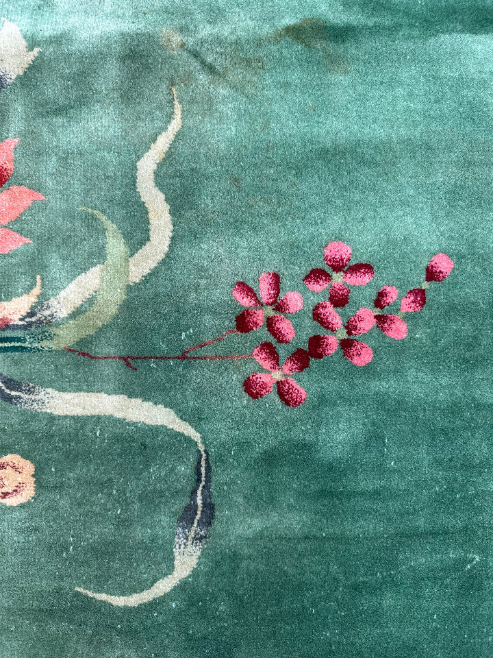 9'x11' Vintage Chinese Art Deco Rug | Green Floral Large Size Rug