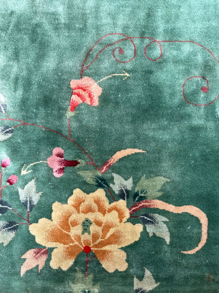 9'x11' Vintage Chinese Art Deco Rug | Green Floral Large Size Rug