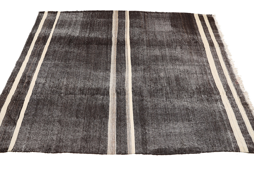 9'x11' Vintage Turkish Handwoven Black Rug |Goat Hair | Solid Minimalist