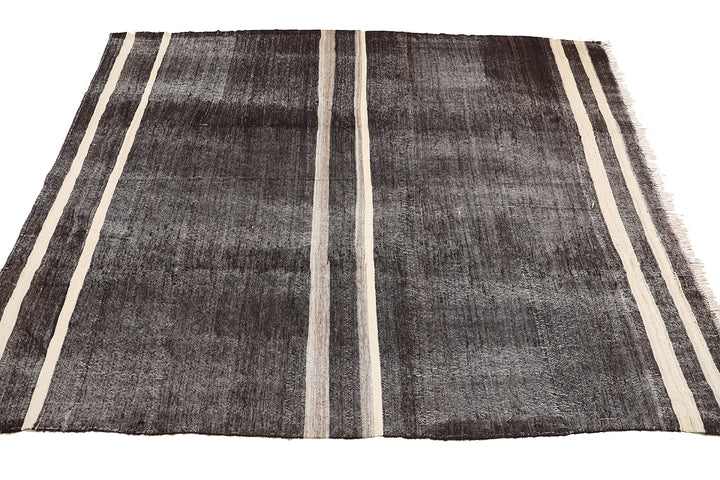 9'x11' Vintage Turkish Handwoven Black Rug |Goat Hair | Solid Minimalist