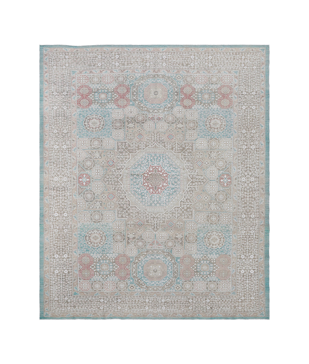 9’x12’ Ariana Mamluk Hand-Knotted Wool Rug – Blue, Ivory &amp; Beige.