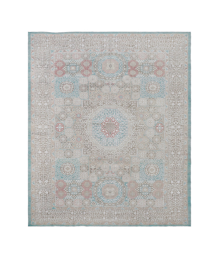 9’x12’ Ariana Mamluk Hand-Knotted Wool Rug – Blue, Ivory &amp; Beige.