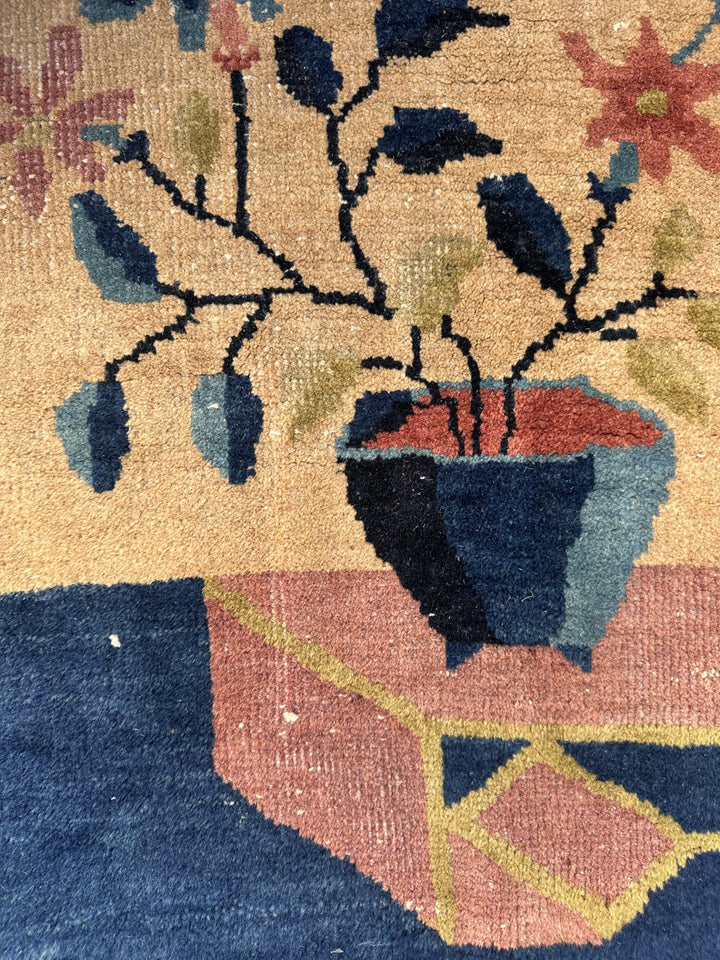 9'x12' Chinese Art Deco Rug | Blue & Tan Vintage Area Rug