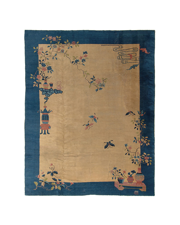 Decorative rug with floral and geometric patterns on a beige background