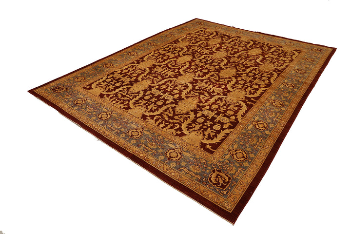 9'x12' Hand-Knotted Afghan Agra Rug – Organic Wool, Burgundy & Blue