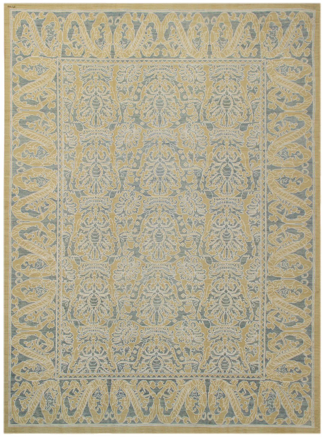 Decorative rug with intricate pattern in beige and blue