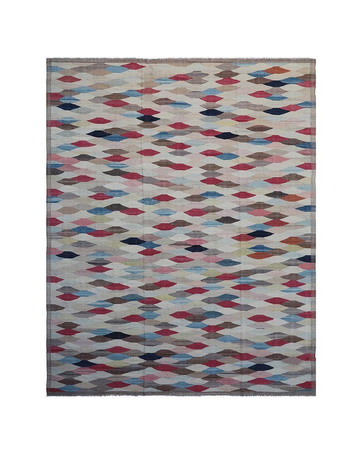 Ariana Rugs 9'x12' handwoven multicolor wool kilim area rug featuring a modern geometric diamond pattern on a flatweave cotton foundation.