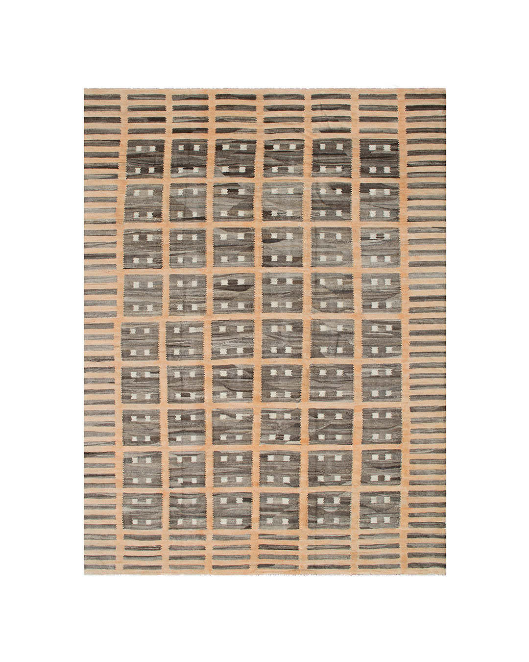 Ariana Rugs 9'x12' handwoven orange, brown, and ivory geometric Afghan wool kilim area rug featuring a durable flatweave structure on a cotton foundation.