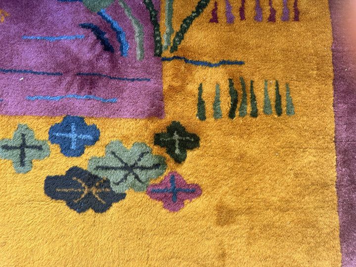 9'x12' Vintage Chinese Art Deco Peacock Rug | Purple & Golden Yellow Large Size Rug