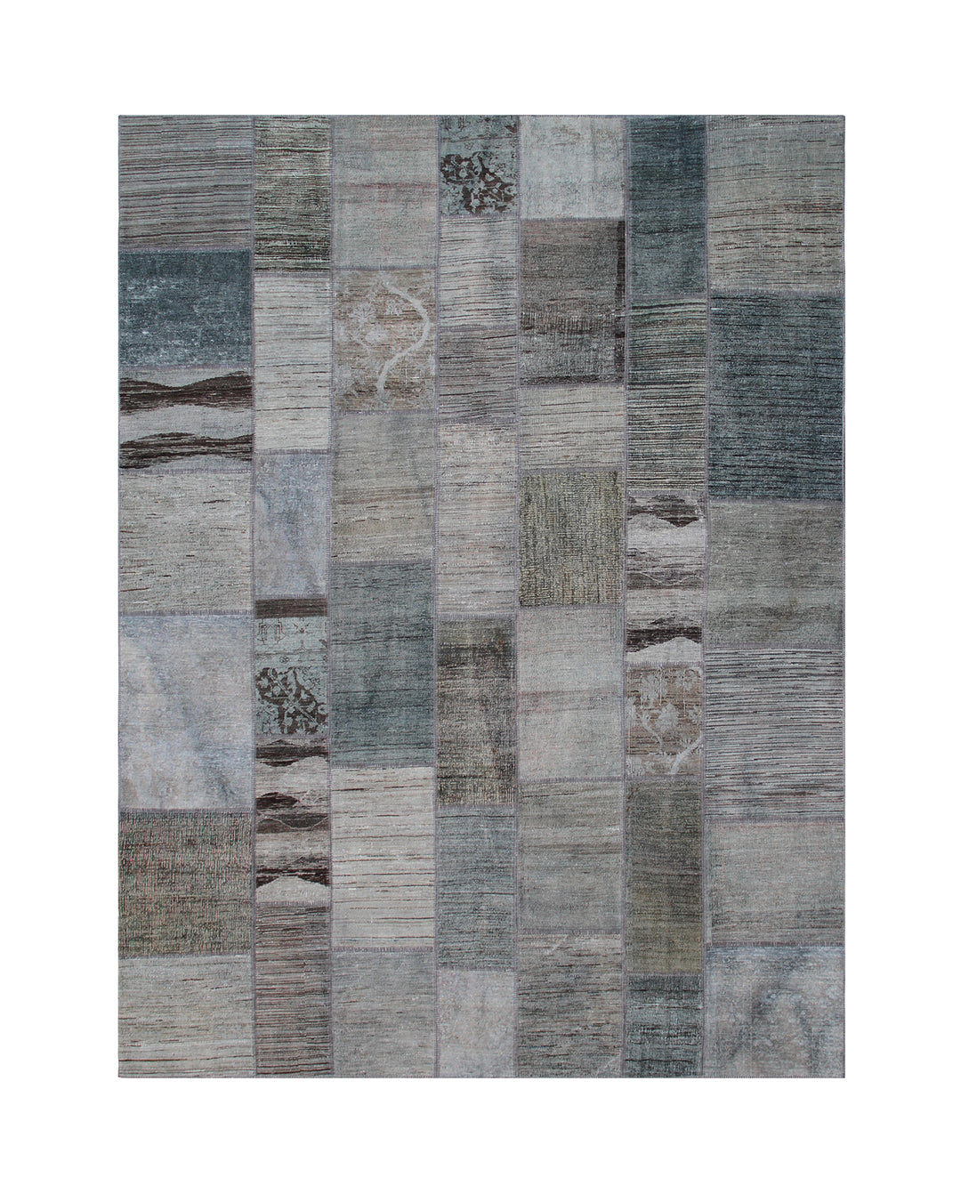 Patchwork rug with various shades of gray and brown on a white background
