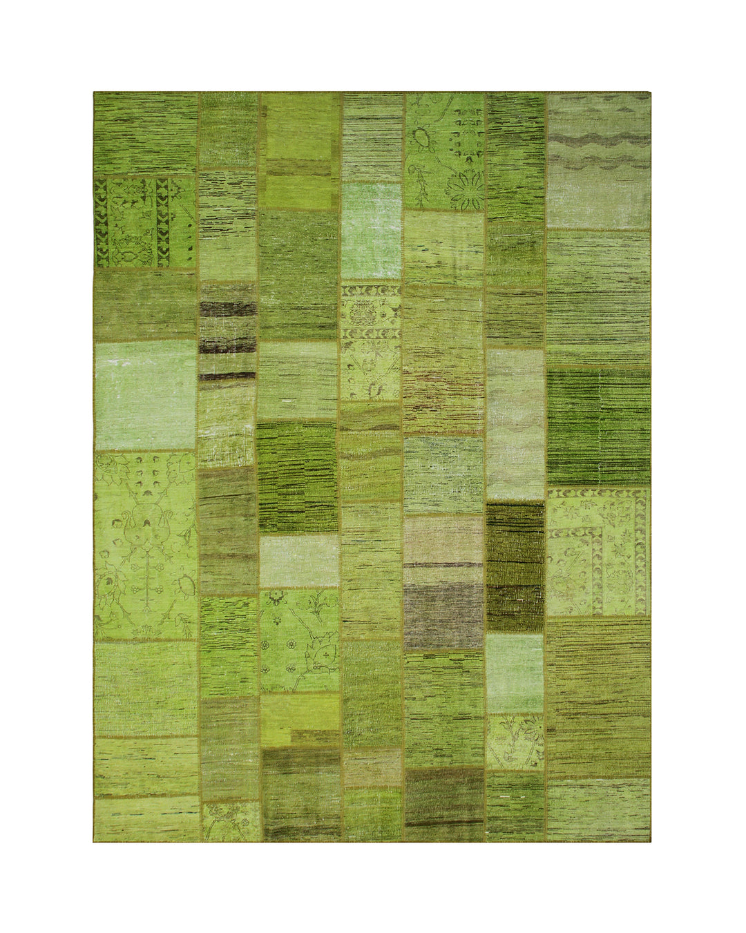 Green patchwork rug with a pattern of squares on a white background