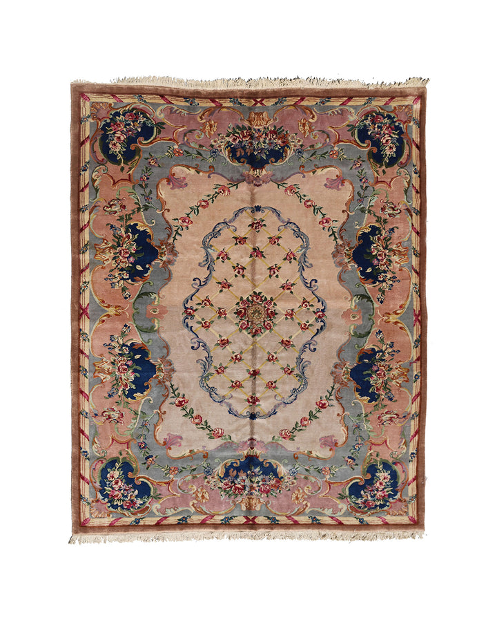 9'x12' salmon and gray Savonnerie vintage Chinese Art Deco rug with floral medallion design in wool