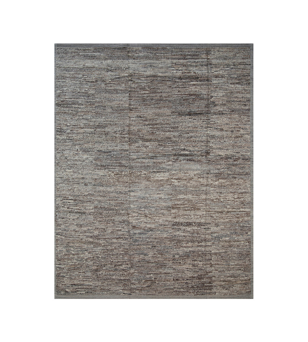 A rectangular area rug with a textured, heathered pattern in shades of gray, taupe, and brown, shown flat against a plain white background.