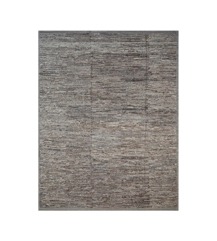 A rectangular area rug with a textured, heathered pattern in shades of gray, taupe, and brown, shown flat against a plain white background.