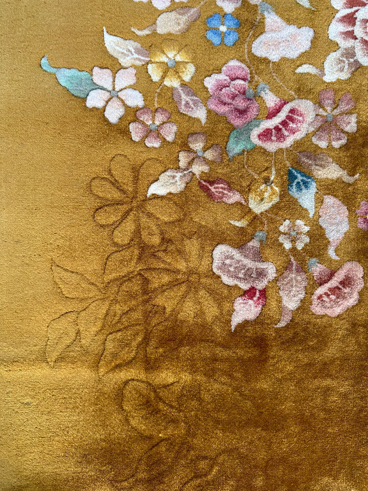 9'x12' Vintage Chinese Art Deco Area Rug | Golden Yellow Floral Rug