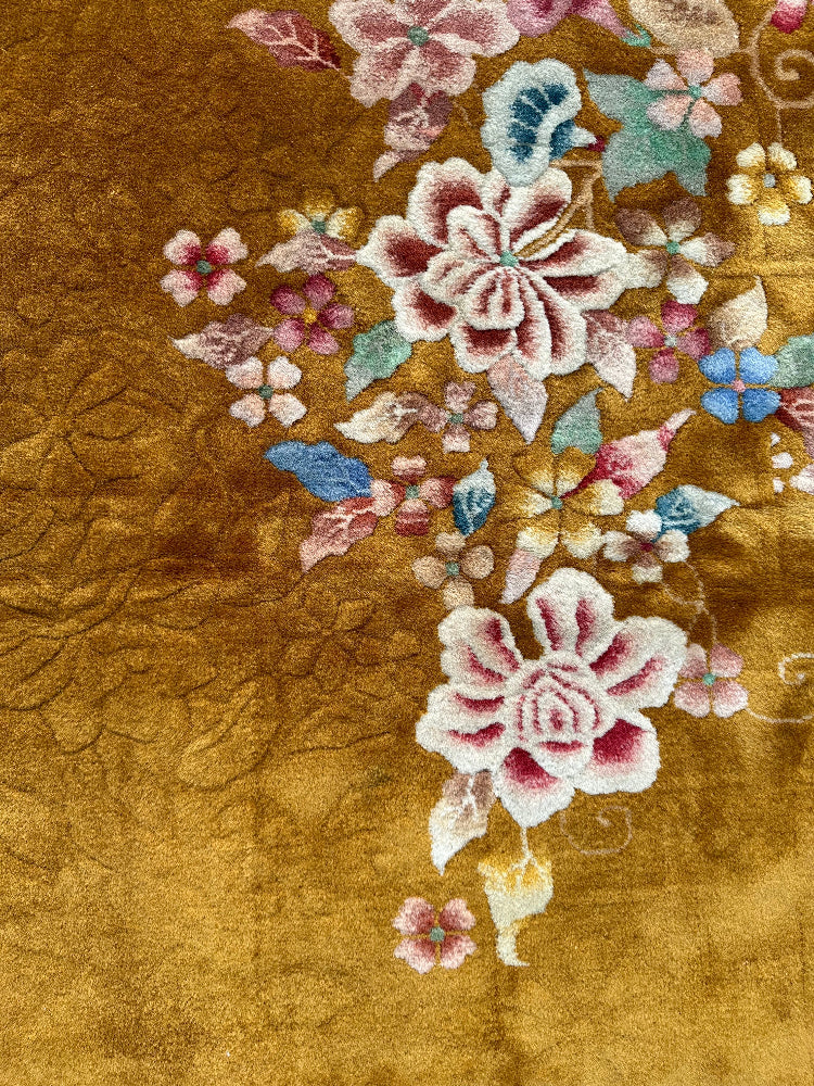 9'x12' Vintage Chinese Art Deco Area Rug | Golden Yellow Floral Rug